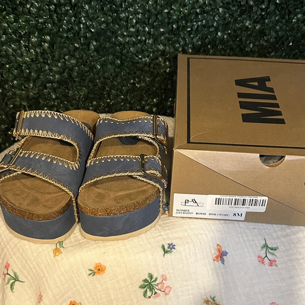 MIA Blue Denim Platform Slide Sandals with Contrast Stitching